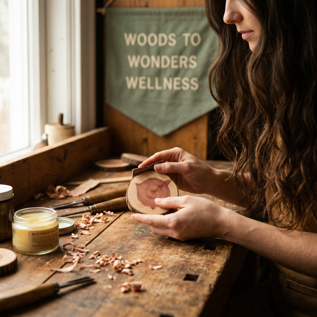 Artisan handcrafting a cedar wellness sculpture — Woods to Wonders Wellness workshop